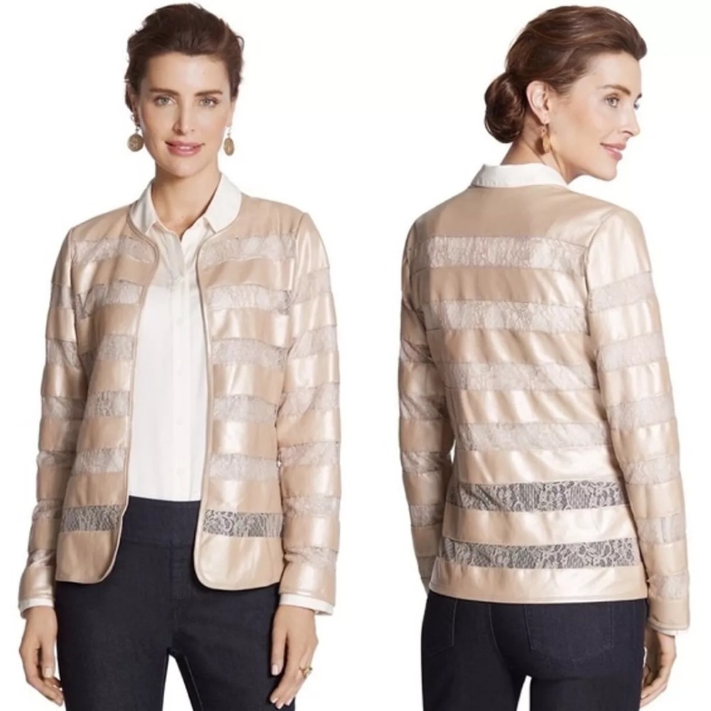 Chico's Lace Inset Champagne Metallic Faux Leather Jacket Size Small Petite NWT